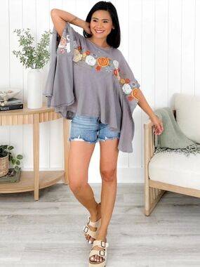 Embroidered Gray Flutter Poncho Top
